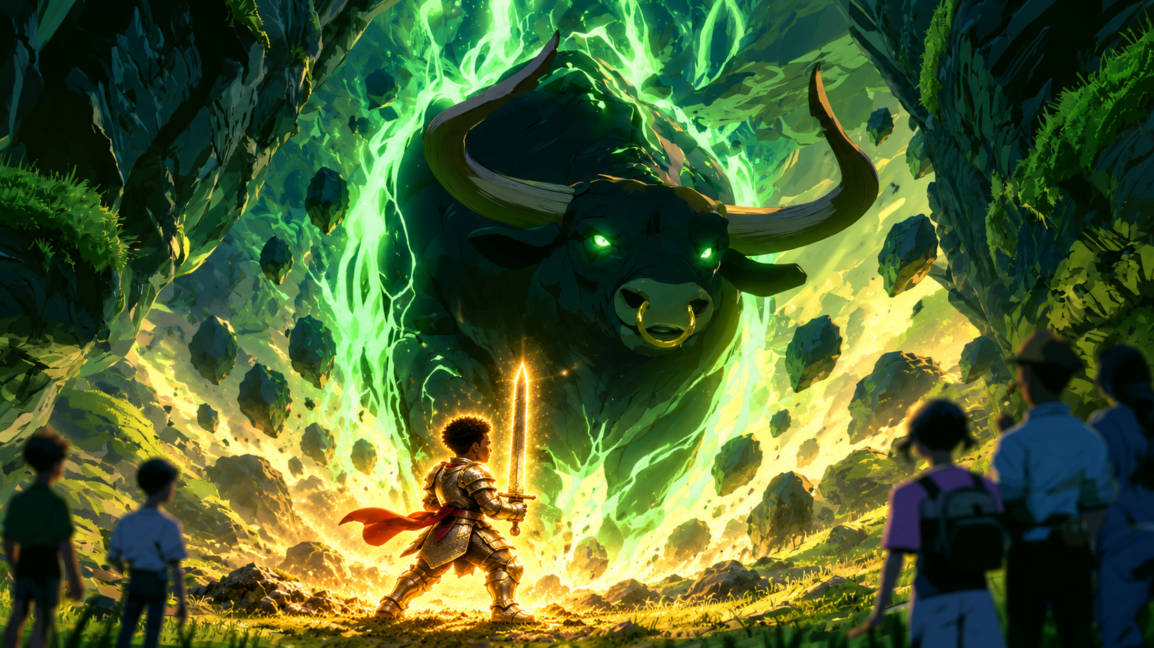 Ansem faces an enormous green bull in a magical canyon